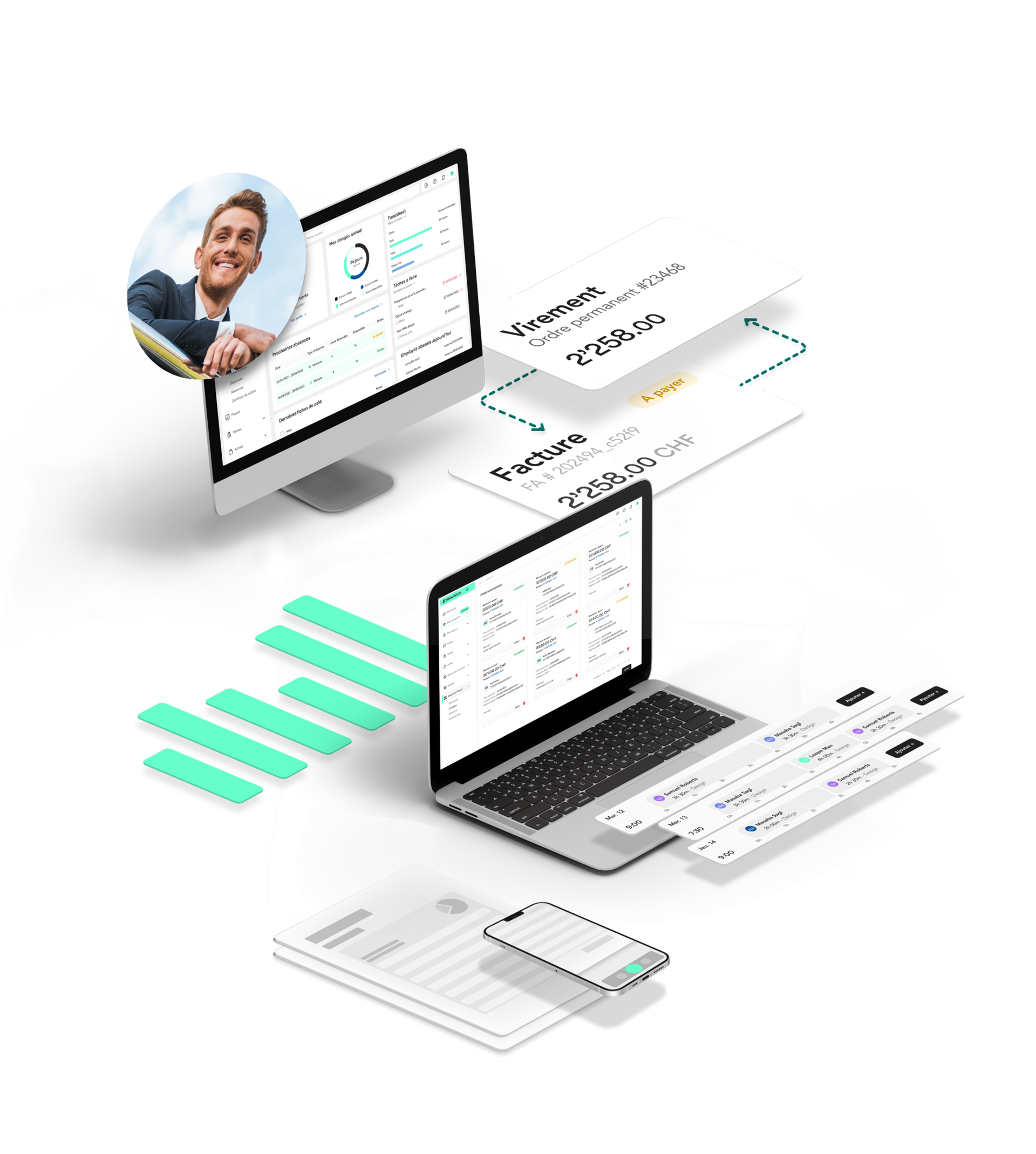A digital workspace featuring multiple devices displaying financial data and transactions.